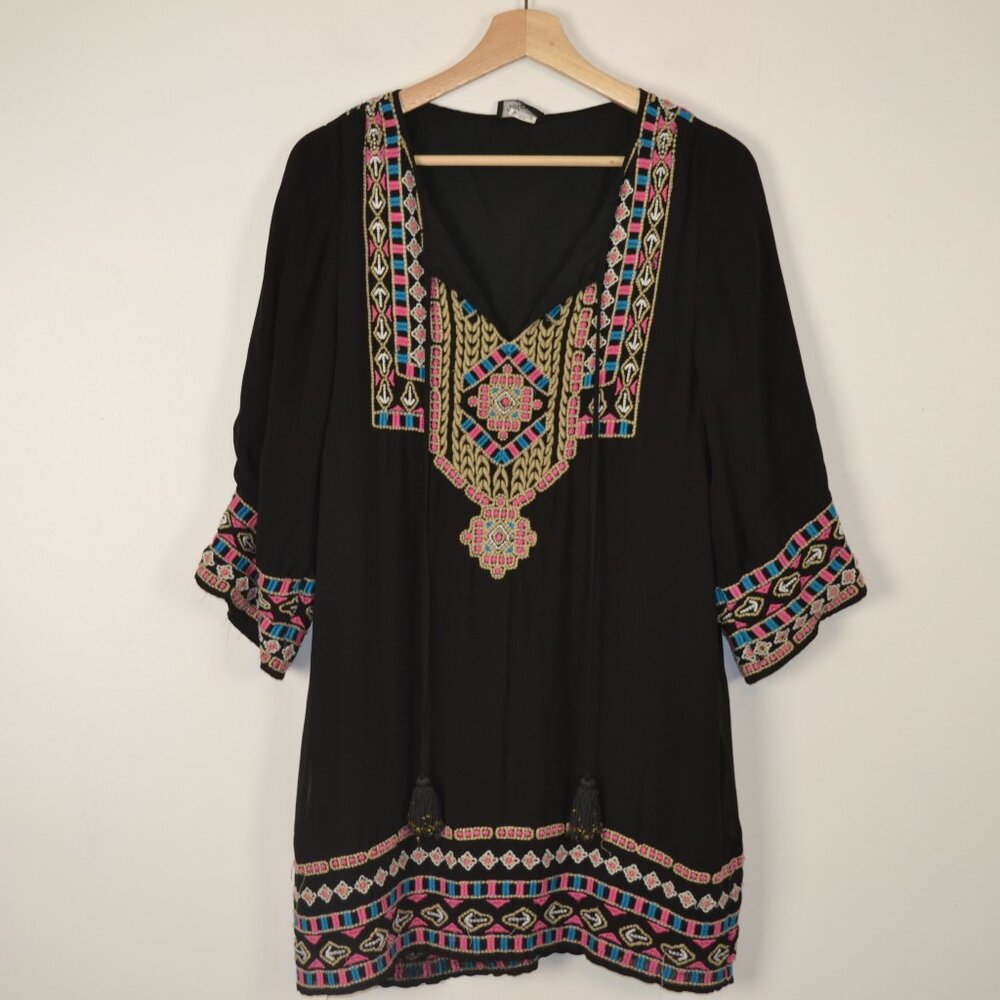 Tolani Embroidered Peasant Boho Art To WearTunic Dress Womens V Neck Tassel Tie